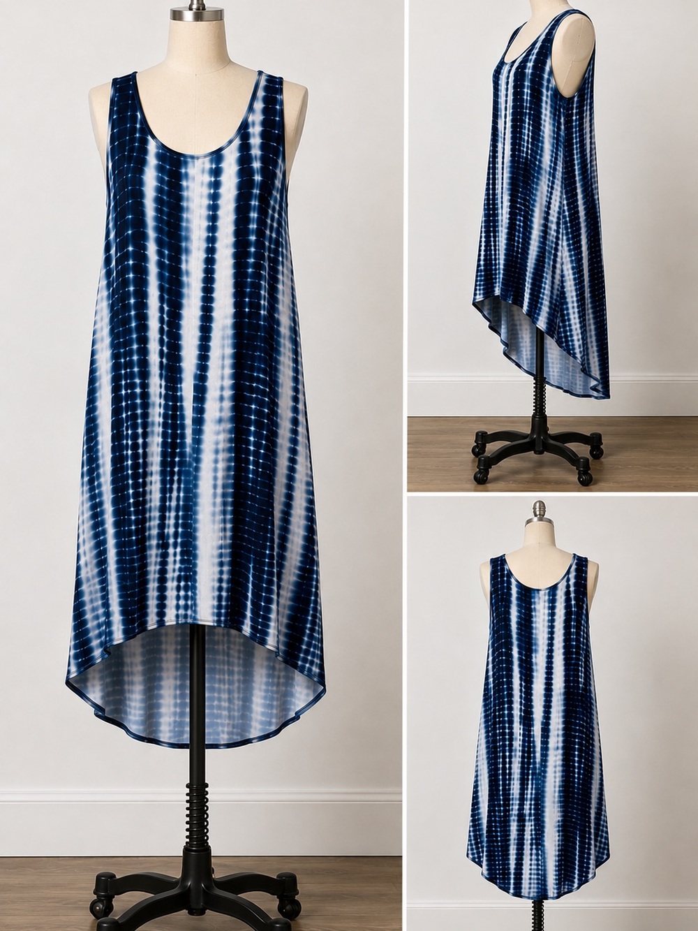 Blue White Tie Dye High Low Dress Women’s Sleeveless Scoop Neck Med. Casual Boho